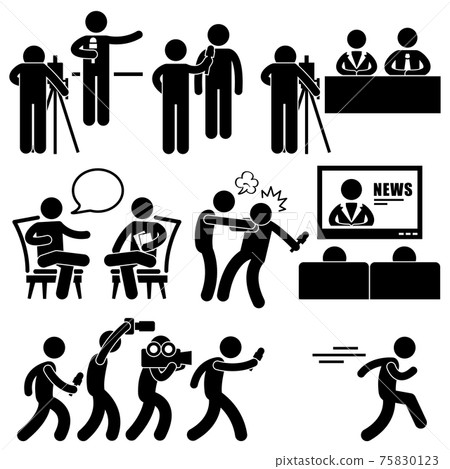 News Reporter Anchor Woman Newsroom Man Talk Show Host Stick Figure Pictogram Icon. A set of pictograms representing newsroom talkshow, and news reporter. News Reporter Anchor Woman Newsroom Man Talk Show Host Stick Figure Pictogram Icon. A set of pictograms representing newsroom talkshow, and news reporter. 75830123