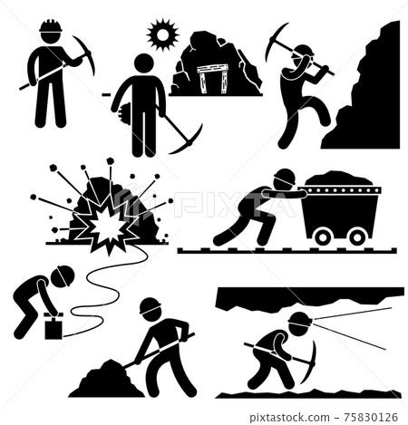 Mining Worker Miner Labor Stick Figure Pictogram Icon. A set of pictograms representing mining worker working hard in the mining area. 75830126