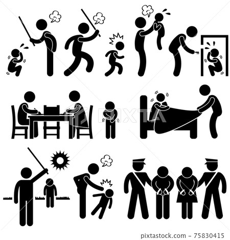 Family Abuse Children Hitting Confine Sexual Harassment Stick Figure Pictogram Icon. A set of pictograms representing children being abused by father and family. 75830415
