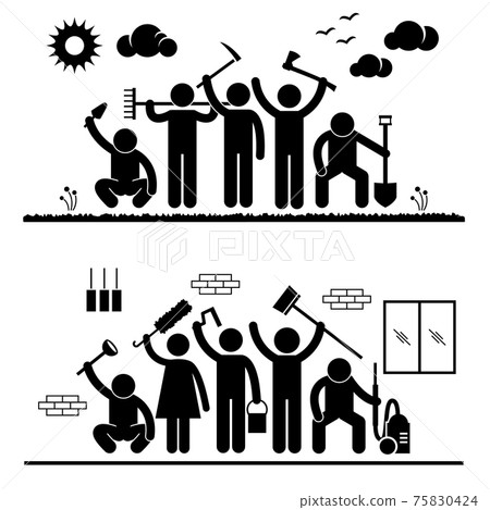 Community Effort Humanity Volunteer Group Cleaning Outdoor Park Indoor House Stick Figure Pictogram Icon. A set of pictograms representing group of volunteer ready for cleaning activity. 75830424