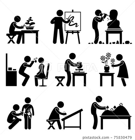 Art Artistic Work Job Occupation Stick Figure Pictogram Icon. A set of pictogram representing artist doing their artistic work. Art Artistic Work Job Occupation Stick Figure Pictogram Icon. A set of pictogram representing artist doing their artistic work. 75830479
