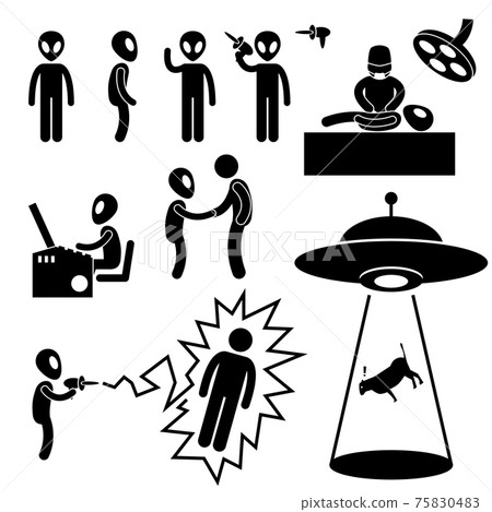 UFO Alien Invaders Stick Figure Pictogram Icon. A set of pictogram representing UFO, aliens, and invaders interacting with living thing on Earth. UFO Alien Invaders Stick Figure Pictogram Icon. A set of pictogram representing UFO, aliens, and invaders interacting with living thing on Earth. 75830483