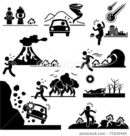Disaster Doomsday Catastrophe Stick Figure Pictogram Icon. A set of pictogram representing disaster around the world. 75830484