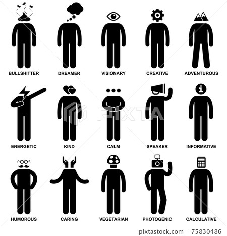 Man Characteristic Behaviour Mind Attitude Identity Stick Figure Pictogram Icon. A set of pictogram representing the characteristic, behaviour, mind, attitude, identity, and personalities of a person. Man Characteristic Behaviour Mind Attitude Identity Stick Figure Pictogram Icon. A set of pictogram representing the characteristic, behaviour, mind, attitude, identity, and personalities of a person. 75830486