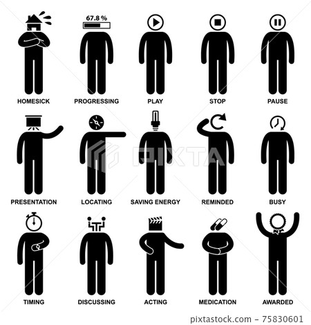 Man Emotion Feeling Expression Attitude Action Stick Figure Pictogram Icon. A set of pictogram representing the characteristic, behaviour, mind, attitude, identity, and personalities of a person. Man Emotion Feeling Expression Attitude Action Stick Figure Pictogram Icon. A set of pictogram representing the characteristic, behaviour, mind, attitude, identity, and personalities of a person. 75830601