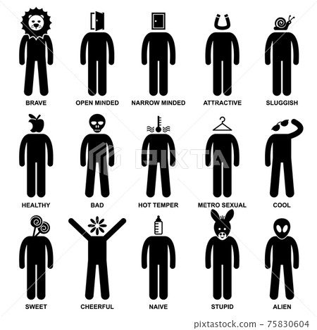 Man Characteristic Behaviour Mind Attitude Identity Personalities Stick Figure Pictogram Icon. Characteristic, behaviour, mind, attitude, identity, and personalities of a person. Man Characteristic Behaviour Mind Attitude Identity Personalities Stick Figure Pictogram Icon. Characteristic, behaviour, mind, attitude, identity, and personalities of a person. 75830604
