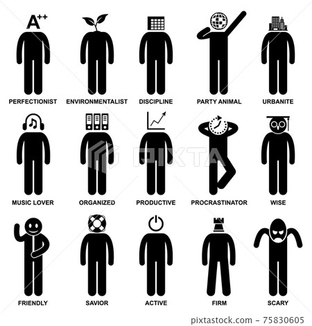 Man Characteristic Behaviour Mind Attitude Identity Personalities Stick Figure Pictogram Icon. Characteristic, behaviour, mind, attitude, identity, and personalities of a person. 75830605