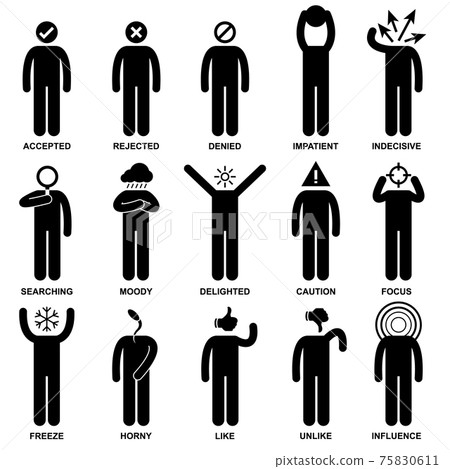 Man Emotion Feeling Expression Attitude Stick Figure Pictogram Icon. A set of pictogram representing the characteristic, behaviour, mind, attitude, identity, and personalities of a person. Man Emotion Feeling Expression Attitude Stick Figure Pictogram Icon. A set of pictogram representing the characteristic, behaviour, mind, attitude, identity, and personalities of a person. 75830611