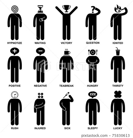 Man Emotion Feeling Expression Attitude Stick Figure Pictogram Icon. A set of pictogram representing the characteristic, behaviour, mind, attitude, identity, and personalities of a person. Man Emotion Feeling Expression Attitude Stick Figure Pictogram Icon. A set of pictogram representing the characteristic, behaviour, mind, attitude, identity, and personalities of a person. 75830613