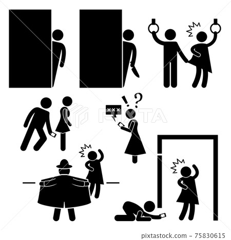 Pervert Stalker Physco Molester Flasher Stick Figure Pictogram Icon. A set of pictograms representing pervert, stalker, physco, molester, and flasher doing their foul acts. 75830615
