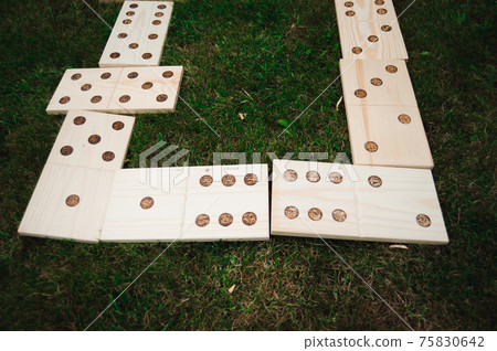 Outdoor games - dominoes in the park on the green grass. Outdoor games - dominoes in the park on the green grass. 75830642