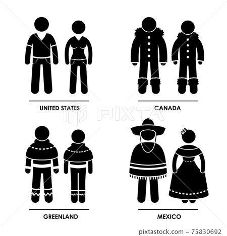 North America - United States Canada Greenland Mexico Man Woman National Traditional Costume Dress Clothing Icon Symbol Sign Pictogram. Clothing from United States, Canada, Greenland, and Mexico. 75830692