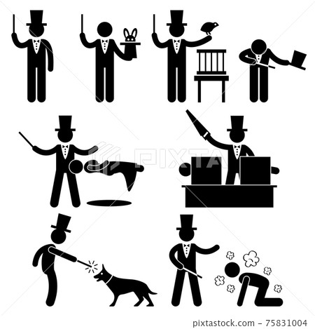 Magician Magic Show Icon Symbol Sign Pictogram. A set of pictograms representing magician doing magic. 75831004