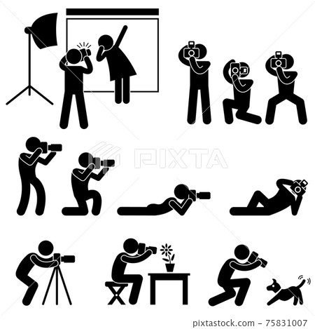 Photographer Cameraman Paparazzi Pose Posing Icon Symbol Sign Pictogram. A set of pictograms representing photographer, cameraman, and paparazzi. Photographer Cameraman Paparazzi Pose Posing Icon Symbol Sign Pictogram. A set of pictograms representing photographer, cameraman, and paparazzi. 75831007