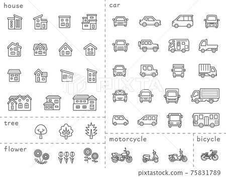房屋,汽車,摩托車和工廠的圖標集(未展開的線僅用於著色)分類版本 房屋,汽車,摩托車和工廠的圖標集(未展開的線僅用於著色)分類版本 75831789