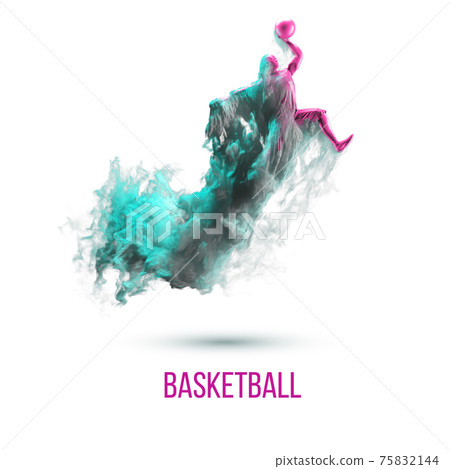 Abstract silhouette of a basketball player on white background, isolated from dust, smoke, steam. Basketball player jumping and performs slam dunk. Background can be changed to any other. 75832144