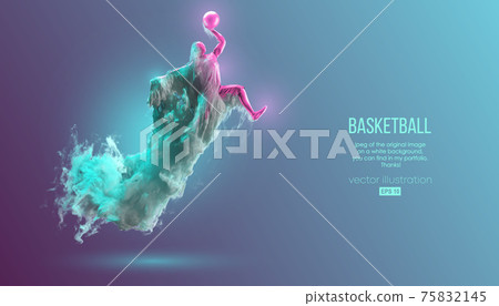 Abstract silhouette of a basketball player on pink and green background from dust, smoke, steam. Basketball player jumping and performs slam dunk. Vector illustration 75832145