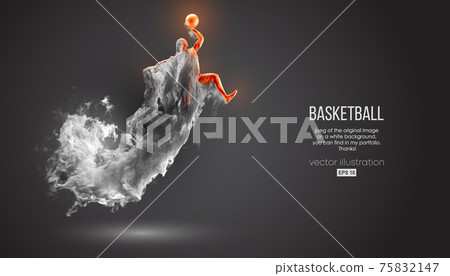 Abstract silhouette of a basketball player on dark black background from dust, smoke, steam. Basketball player jumping and performs slam dunk. Vector illustration 75832147