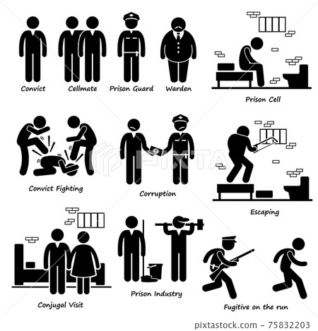 Prison Jail Convict Prisoner Inmates Guard Warden Stick Figure Pictogram Icons.  75832203