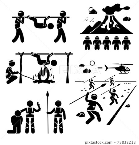 Lost Civilization Cannibal Man Eating Tribe Stick Figure Pictogram Icons. A set of human pictogram representing a lost civilization tribe that eat human. Lost Civilization Cannibal Man Eating Tribe Stick Figure Pictogram Icons. A set of human pictogram representing a lost civilization tribe that eat human. 75832218