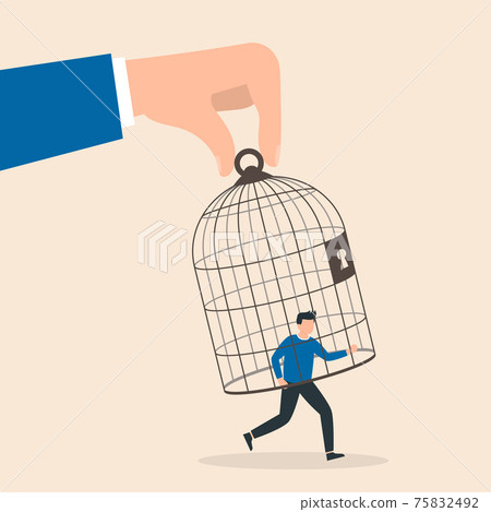 Trap concept. Giant hand capturing a running businessman with birdcage. Vector illustration. 75832492