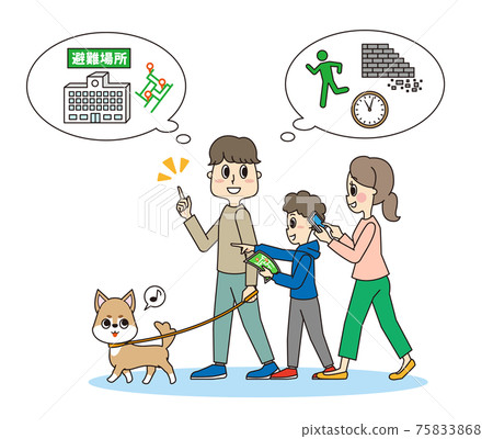 Family thinking about evacuation routes from pet dogs and disasters 75833868