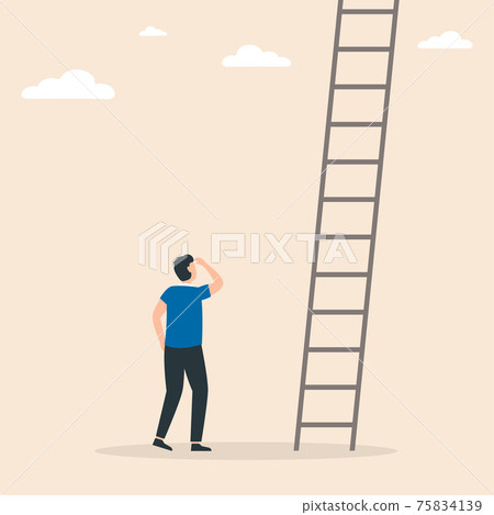 Businessman stands in front of ladders. Conquer new heights. Business concept of career development, growth, opportunity. Businessman stands in front of ladders. Conquer new heights. Business concept of career development, growth, opportunity. 75834139