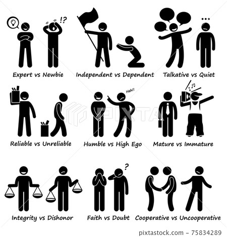 Human Opposite Behaviour Positive vs Negative Character Traits Stick Figure Pictogram Icons. Pictogram set showings the differences of human personalities and values. Human Opposite Behaviour Positive vs Negative Character Traits Stick Figure Pictogram Icons. Pictogram set showings the differences of human personalities and values. 75834289