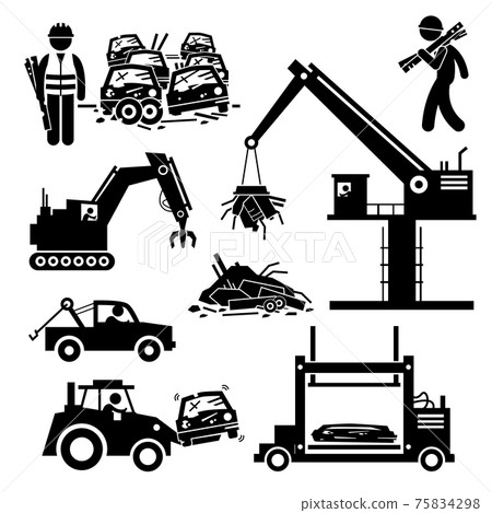 Junkyard Scrap Metal Steel Car Junk Yard Pictogram. Pictogram showing abandoned cars in a junkyard with various vehicles and machinery recycling the automobiles. Junkyard Scrap Metal Steel Car Junk Yard Pictogram. Pictogram showing abandoned cars in a junkyard with various vehicles and machinery recycling the automobiles. 75834298