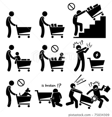 Shopping Cart Trolley Do and Not. Human pictogram stick figures showing the do and don't when using a shopping cart.  75834309