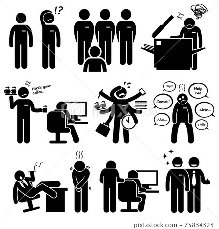 Intern Internship New Employee Staff at Office Workplace Pictogram. An intern or a new company staff is being bullied by his colleague. Intern Internship New Employee Staff at Office Workplace Pictogram. An intern or a new company staff is being bullied by his colleague. 75834323