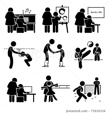 Student Learning Music, Art, Academic, Swimming, Martial Arts, Football, Computer, Dancing, and Ice Skating Lesson from Mentor Pictogram.  75834326