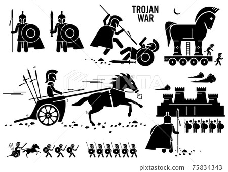 Trojan War Horse Greek Rome Warrior Troy Sparta Spartan Stick Figure Pictogram Icons. Set of human pictogram representing the Trojan war historical event.  75834343