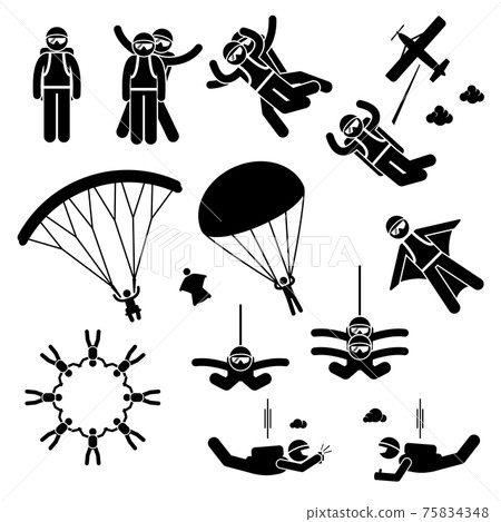Skydiving Skydives Skydiver Parachute Wingsuit Freefall Freefly Stick Figure Pictogram Icons. Skydiving activities by skydivers with parachute. This include freefly with a wingsuit as well. Skydiving Skydives Skydiver Parachute Wingsuit Freefall Freefly Stick Figure Pictogram Icons. Skydiving activities by skydivers with parachute. This include freefly with a wingsuit as well. 75834348