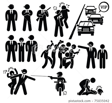 Bodyguard Protecting VIP Boss From Paparazzi and Killer Stick Figure Pictogram Icons. Bodyguard Protecting VIP Boss From Paparazzi and Killer Stick Figure Pictogram Icons. 75835042