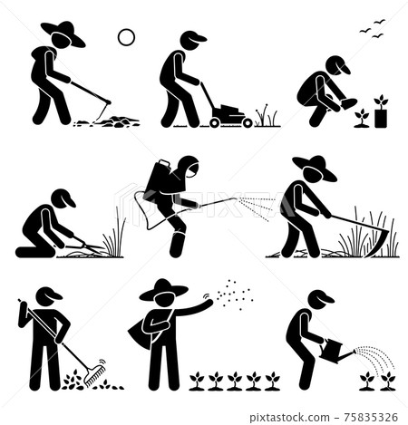 Gardener and Farmer using Gardening Tools and Equipment for Work.  75835326