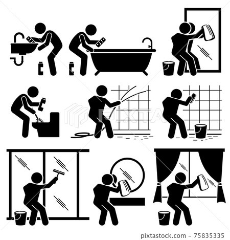 Man Cleaning Bathroom Toilet Windows and Mirror. Set of vector stick man pictogram representing washing and cleaning the toilet, mirror, and windows with various tools and equipment. Man Cleaning Bathroom Toilet Windows and Mirror. Set of vector stick man pictogram representing washing and cleaning the toilet, mirror, and windows with various tools and equipment. 75835335