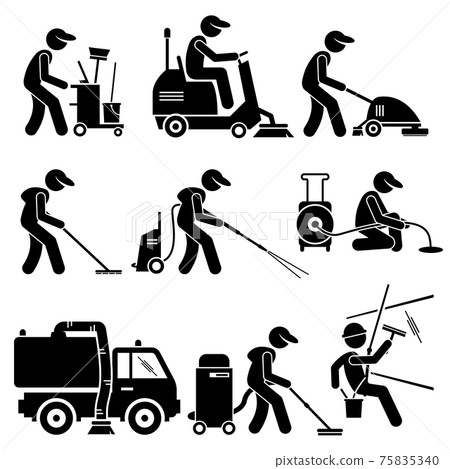 Industrial Cleaning Worker with Tools and Equipment Stick Figure Pictogram Icons.  75835340