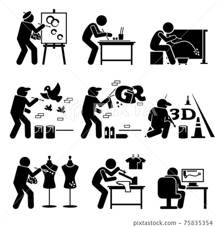 Painter Street Artist Graphic Designer Drawing Arts Stick Figure Pictogram Icons. Painter Street Artist Graphic Designer Drawing Arts Stick Figure Pictogram Icons. 75835354