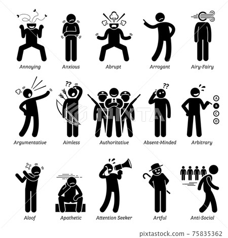 Negative Bad Personalities Character Traits. Stick Figures Man Icons. Starting with the Alphabet A.  75835362