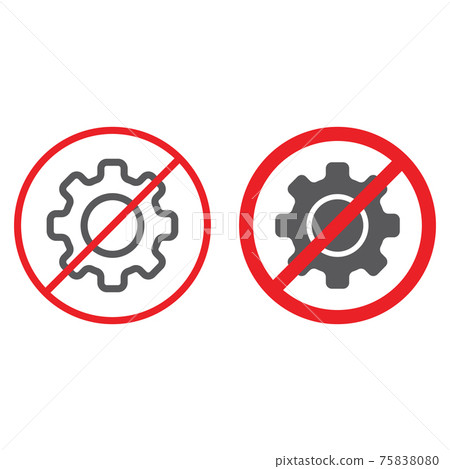 No cogwheel line and glyph icon, prohibited and ban, no gear sign, vector graphics, a linear pattern on a white background. No cogwheel line and glyph icon, prohibited and ban, no gear sign, vector graphics, a linear pattern on a white background. 75838080