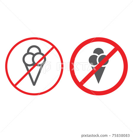 No ice cream line and glyph icon, prohibited and ban, no food sign, vector graphics, a linear pattern on a white background. No ice cream line and glyph icon, prohibited and ban, no food sign, vector graphics, a linear pattern on a white background. 75838083