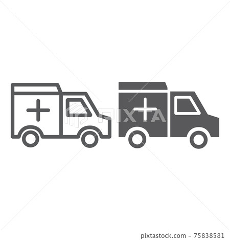 Ambulance car line and glyph icon, medical and emergency, hospital car sign, vector graphics, a linear pattern on a white background. Ambulance car line and glyph icon, medical and emergency, hospital car sign, vector graphics, a linear pattern on a white background. 75838581