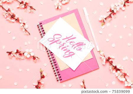 Spring pink blooming flowers with blank paper blank on a pink background. Minimal business template. Flat Lay, top view. 75839099