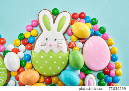 Top view of homemade cookies in shape of egg and rabbit Top view of homemade cookies in shape of egg and rabbit 75839269