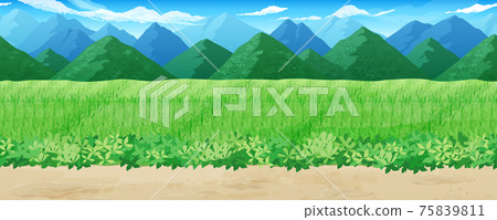 稻田和山地景觀圖_Azemichi_側滾動遊戲背景_無縫 75839811