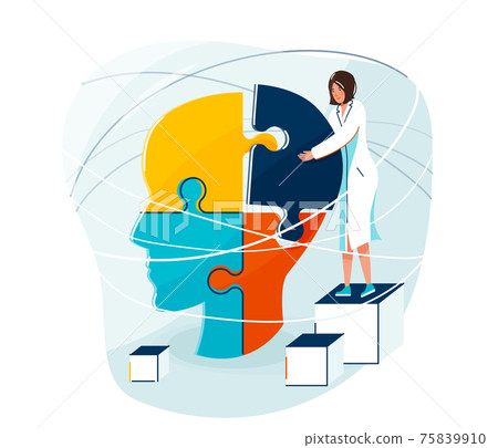 Mental health vector illustration. Female doctor connecting jigsaw piece of a head together. Personality support design concept in flat simple style isolated on white background Mental health vector illustration. Female doctor connecting jigsaw piece of a head together. Personality support design concept in flat simple style isolated on white background 75839910