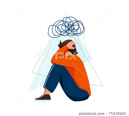 Mental health vector illustration. Sad depressed man sitting and holding his head, a cloud of chaos over him. Stress concept in flat simple style isolated on white background Mental health vector illustration. Sad depressed man sitting and holding his head, a cloud of chaos over him. Stress concept in flat simple style isolated on white background 75839920