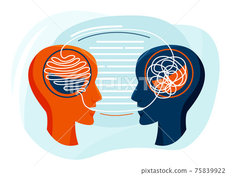 Mental health vector illustration. Two humans head silhouette talk each other, psychotherapy design concept. The psychiatrist untangle the patient thoughts Mental health vector illustration. Two humans head silhouette talk each other, psychotherapy design concept. The psychiatrist untangle the patient thoughts 75839922