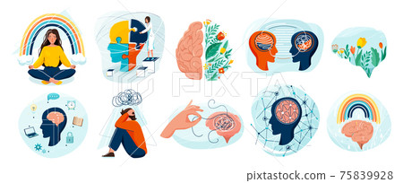 Mental health set vector background. Collection of different illustration with sad and happy people, two side brain, doctor add together puzzle of human head, psychotherapy, connection mind concept 75839928
